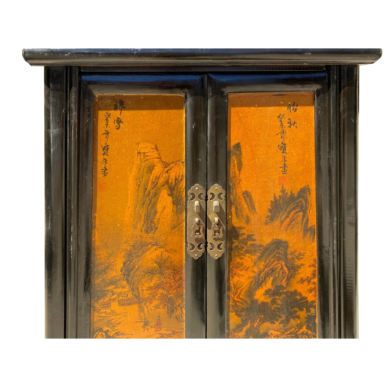 Chinese Distressed Black Yellow Scenery Graphic End Table Nightstand - 5