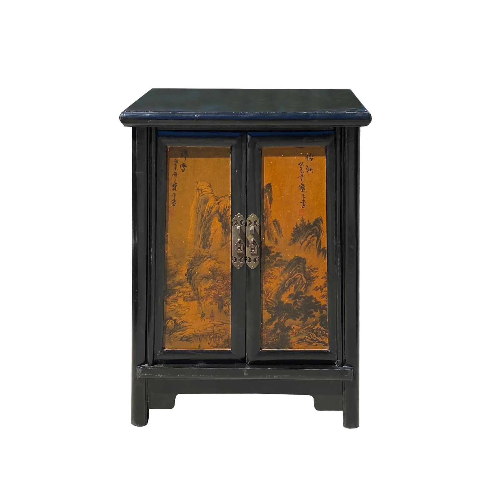 Chinese Distressed Black Yellow Scenery Graphic End Table Nightstand - 6