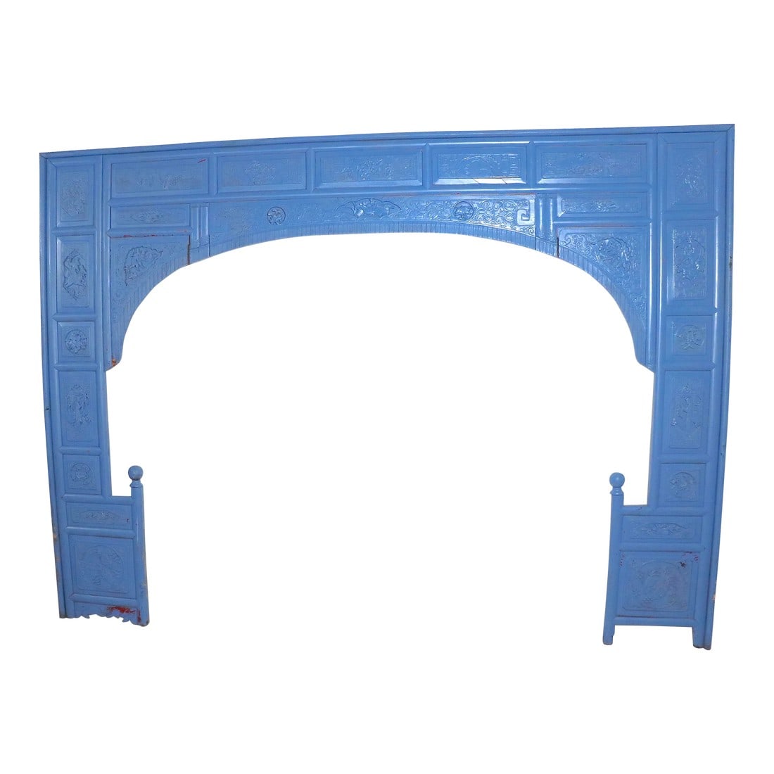 Early 20th Century Decorative Chinese Opium Bed Fragment: Decorative carved wood element , believed to be a fragment from a Chinese opium bed. Currently in later baby blue paint, with traces of original Chinese Red color showing through.. The arched panel