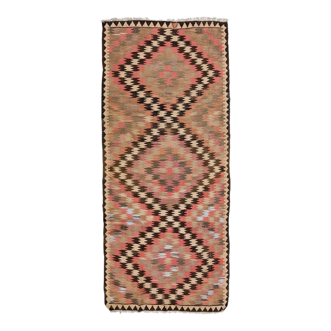 1960s Vintage Turkish Kilim Peach Handmade Tribal Wool Rug: Beautiful vintage Turkish Kilim hand-knotted wool rug with a peach field. This piece has a beige frame and multicolor accents in an all-over geometric tribal design. This rug measures: 4'2" x 9'2" 