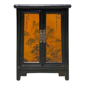 Chinese Distressed Black Yellow Scenery Graphic End Table Nightstand