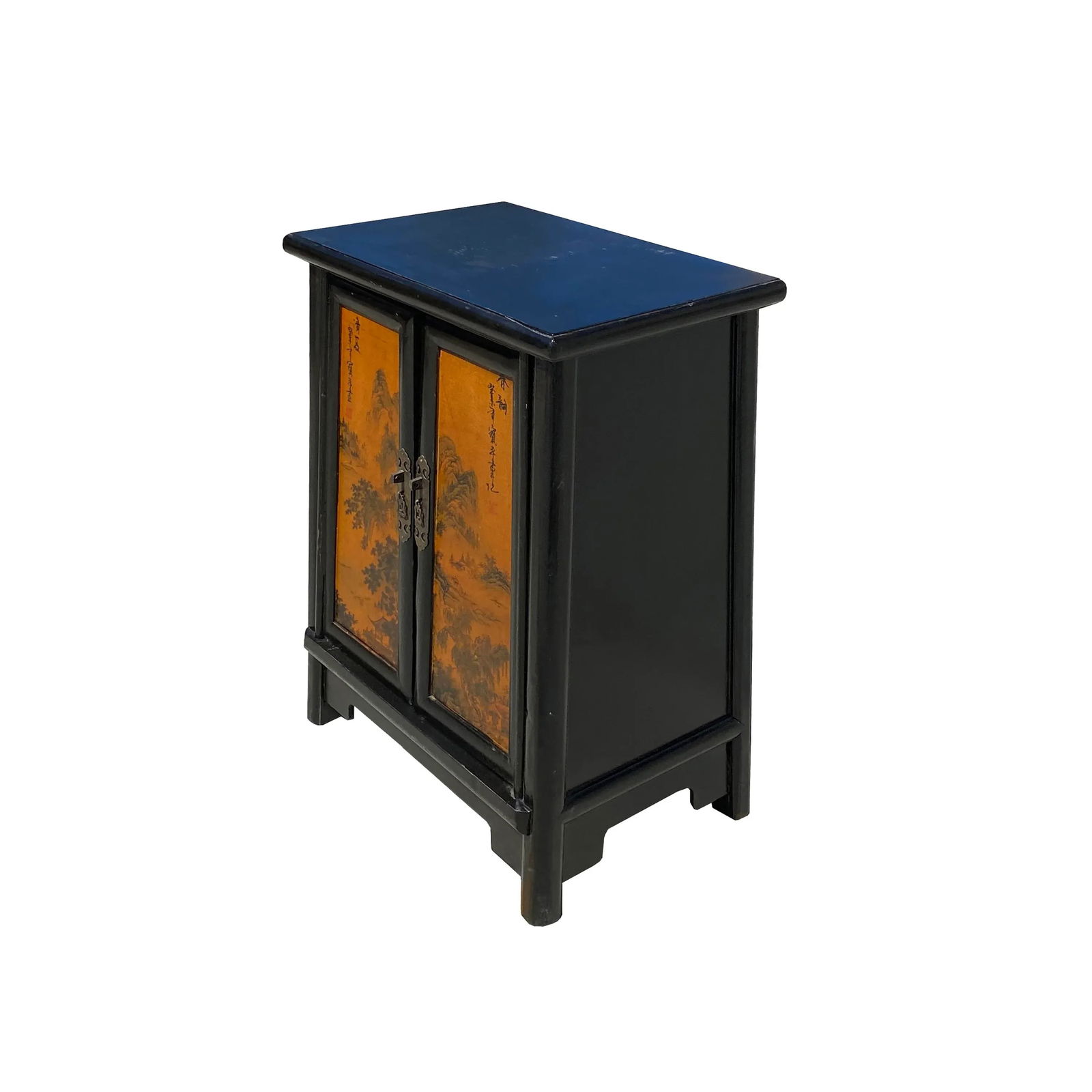 Chinese Distressed Black Yellow Scenery Graphic End Table Nightstand - 4