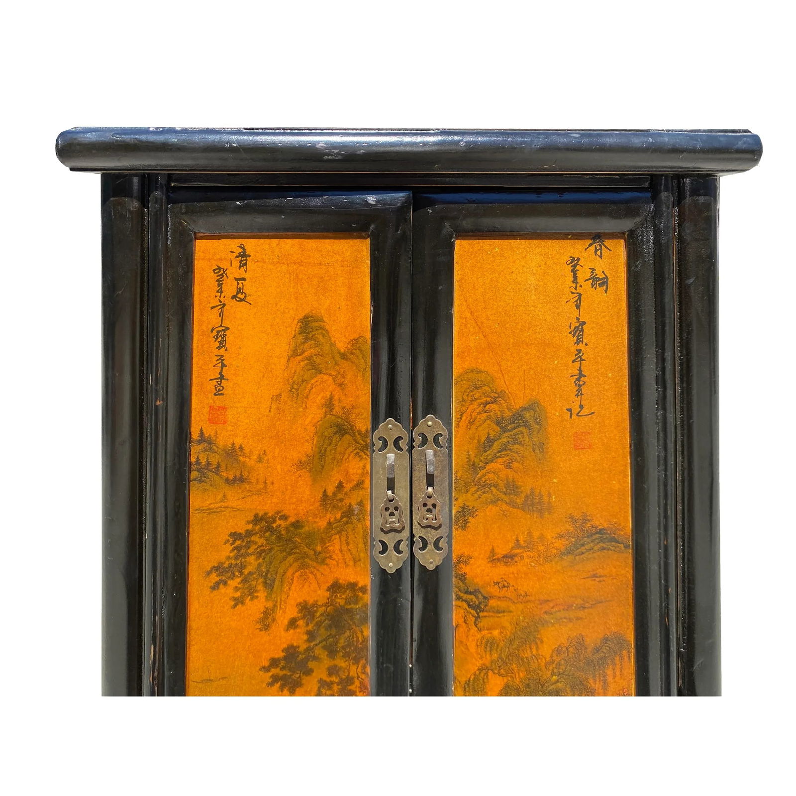 Chinese Distressed Black Yellow Scenery Graphic End Table Nightstand - 6