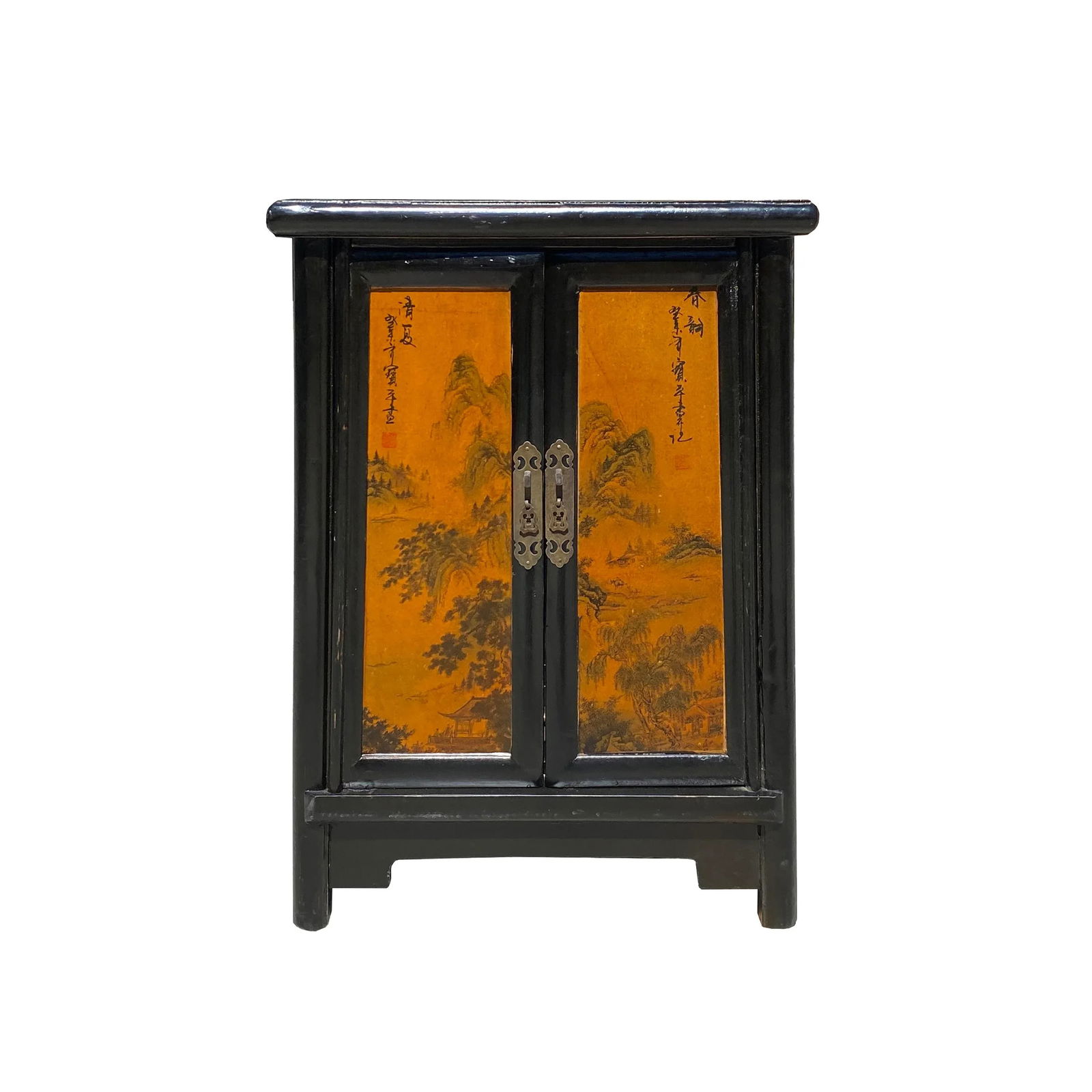 Chinese Distressed Black Yellow Scenery Graphic End Table Nightstand - 7