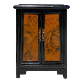 Chinese Distressed Black Yellow Scenery Graphic End Table Nightstand