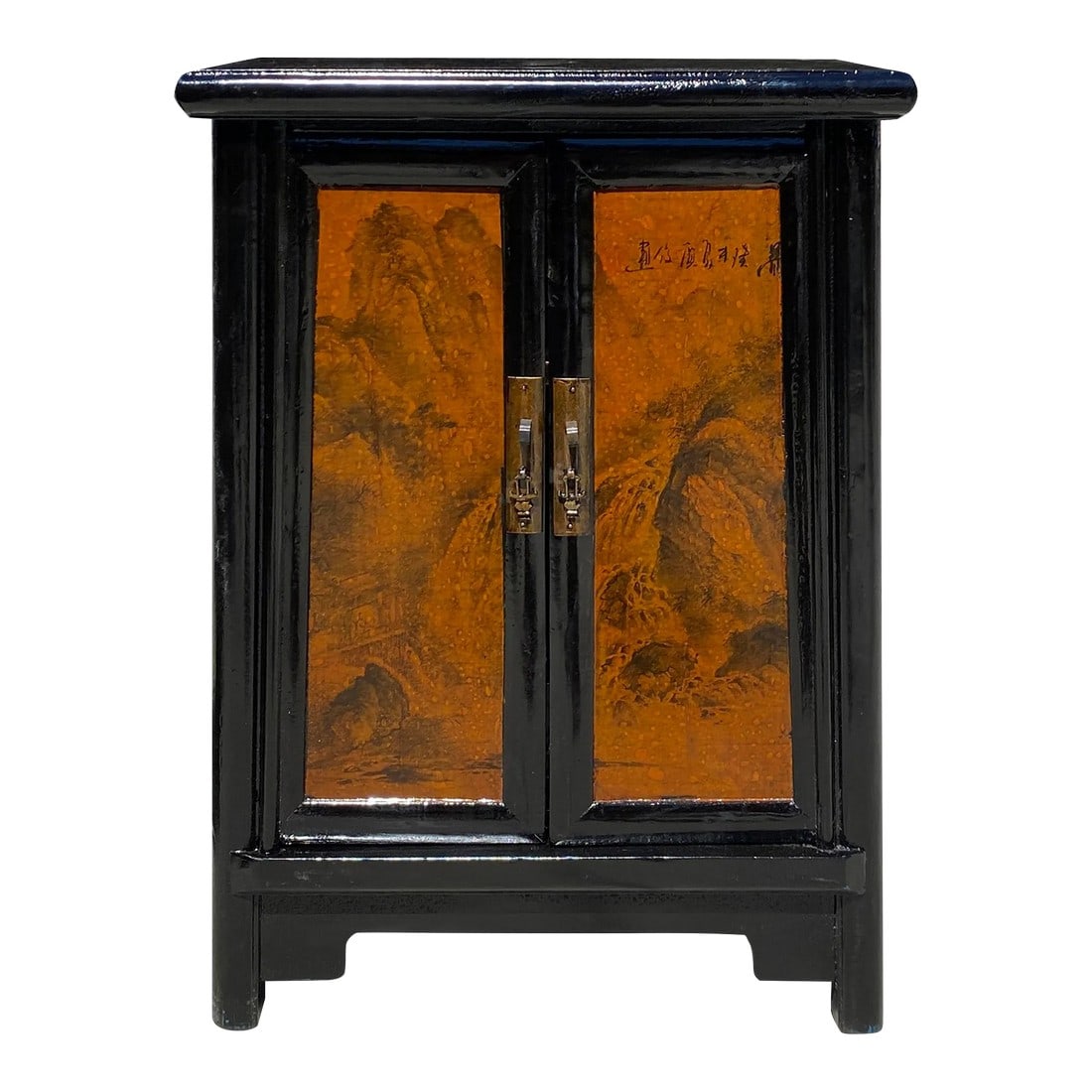Chinese Distressed Black Yellow Scenery Graphic End Table Nightstand: This is an oriental-style end table nightstand painted with a distressed dark brown-black surface. A simple metal door lock hardware is used as an accent. Ancient Chinese scenery graphic is painted