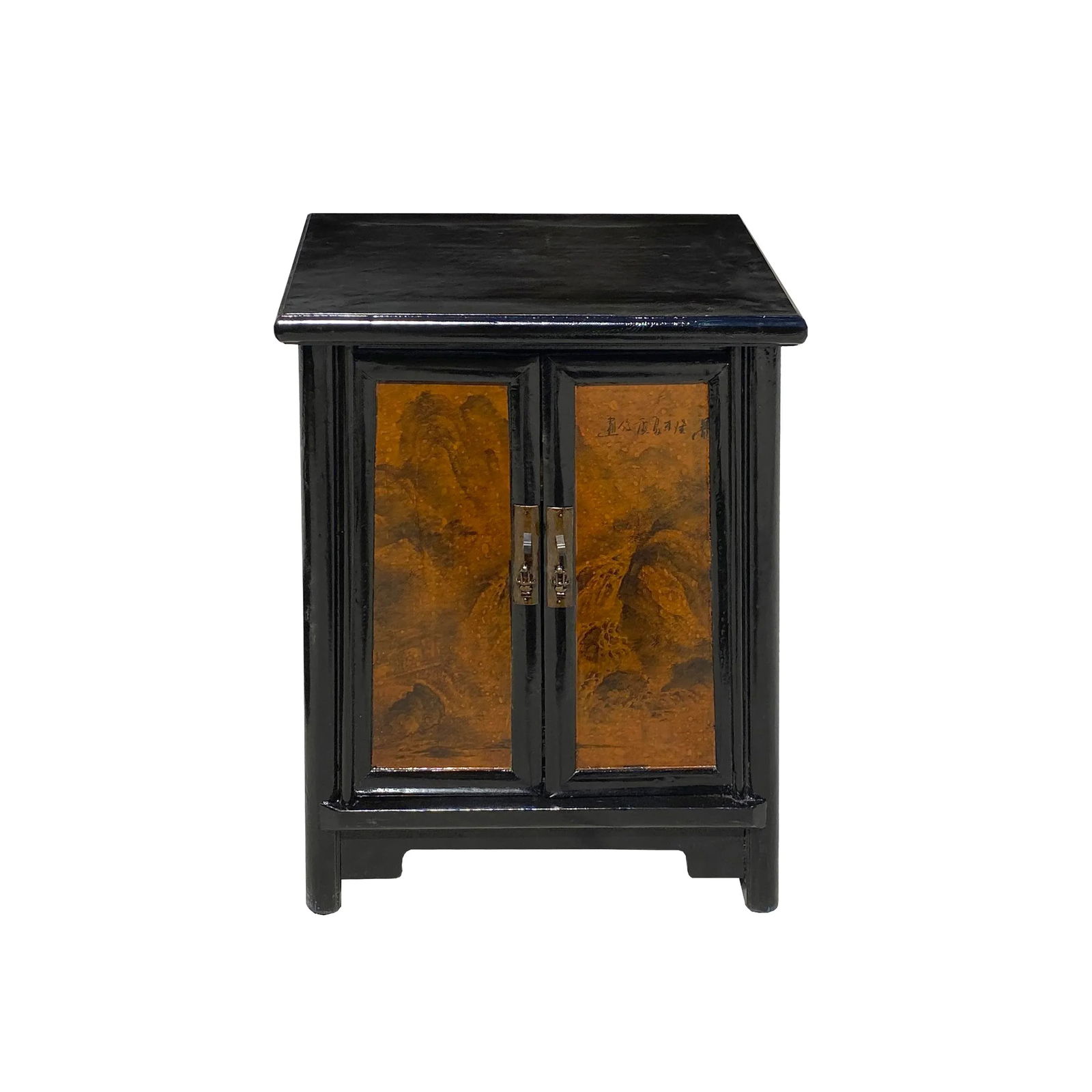 Chinese Distressed Black Yellow Scenery Graphic End Table Nightstand - 4