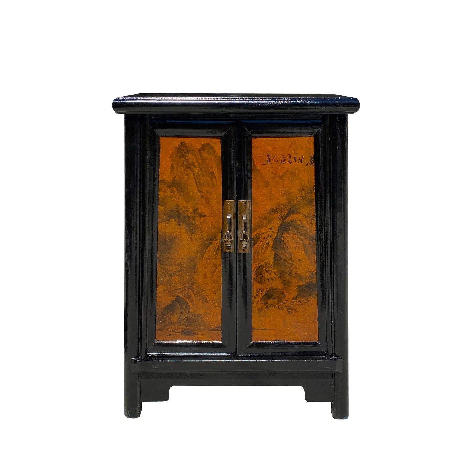 Chinese Distressed Black Yellow Scenery Graphic End Table Nightstand - 6