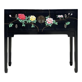 Black Lacquer Flower Graphic 4 Drawers Slim Narrow Foyer Side Table