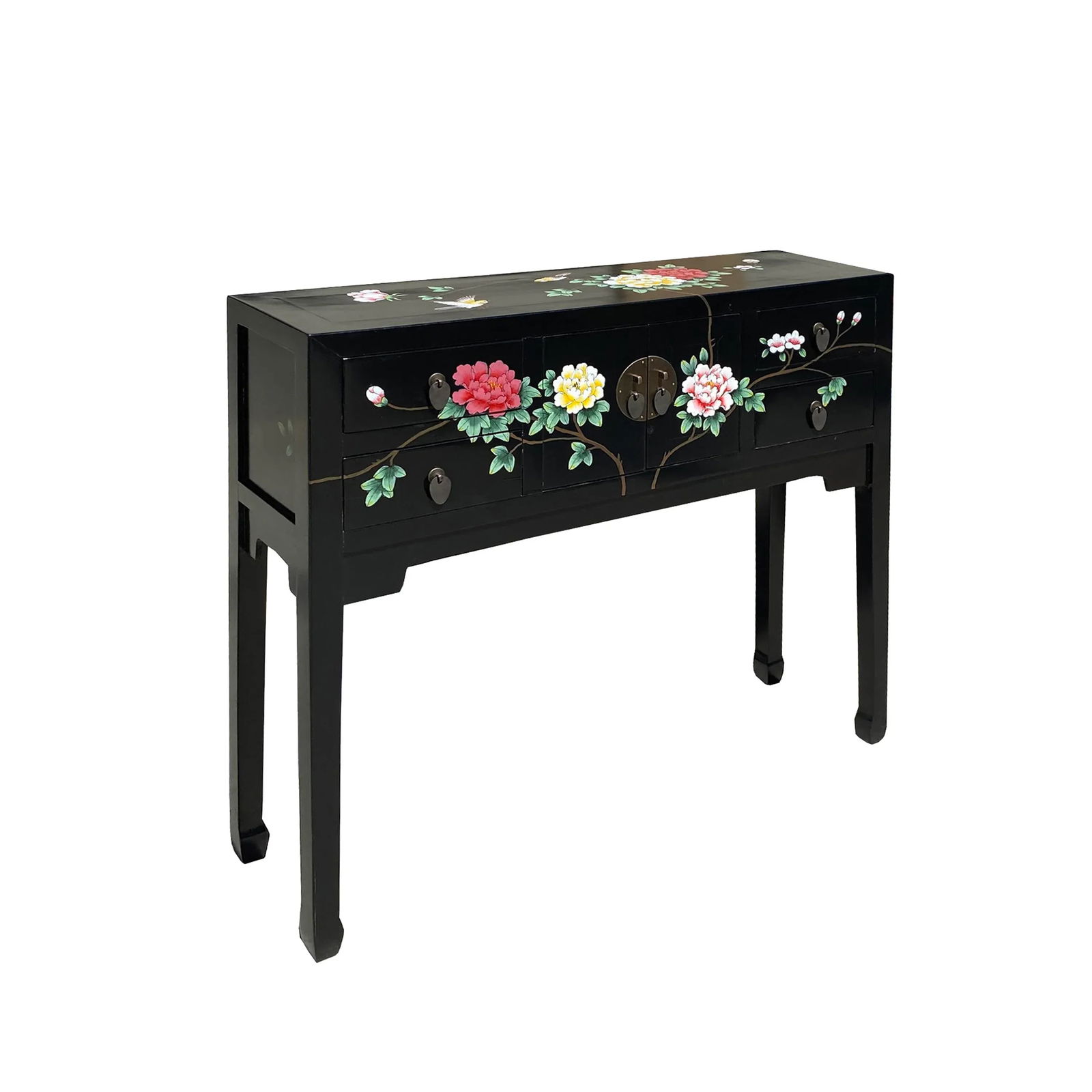 Black Lacquer Flower Graphic 4 Drawers Slim Narrow Foyer Side Table - 2