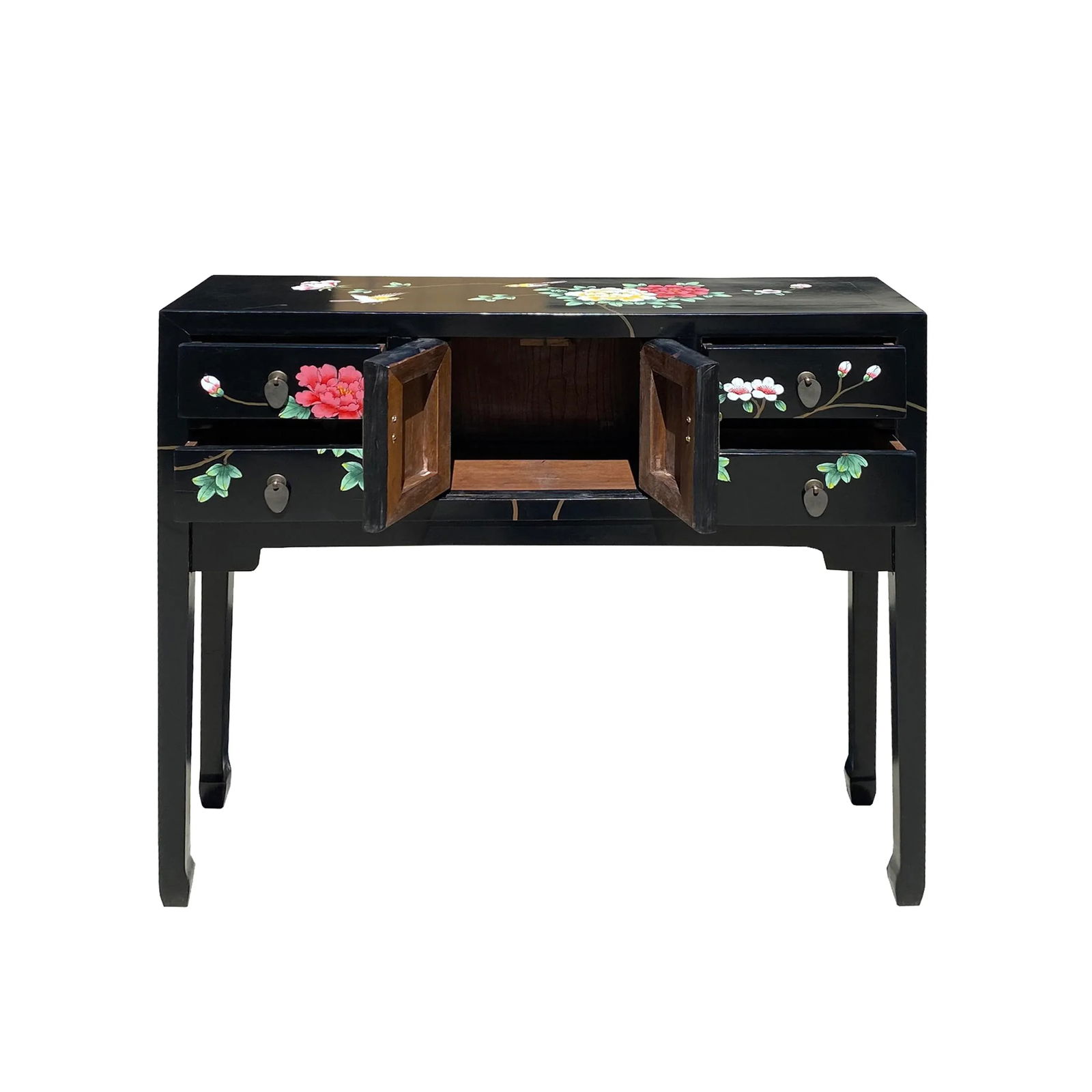 Black Lacquer Flower Graphic 4 Drawers Slim Narrow Foyer Side Table - 3