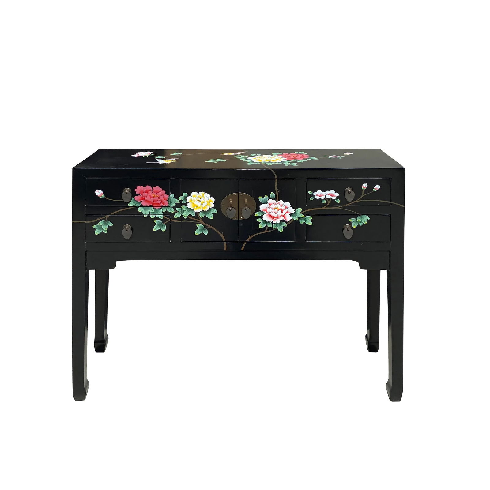 Black Lacquer Flower Graphic 4 Drawers Slim Narrow Foyer Side Table - 4