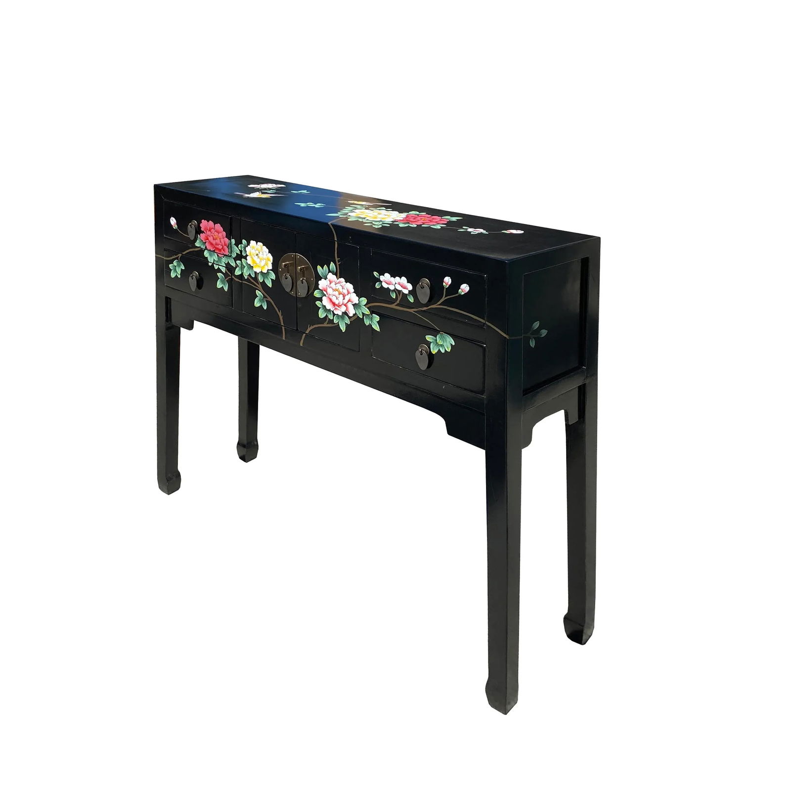 Black Lacquer Flower Graphic 4 Drawers Slim Narrow Foyer Side Table - 5