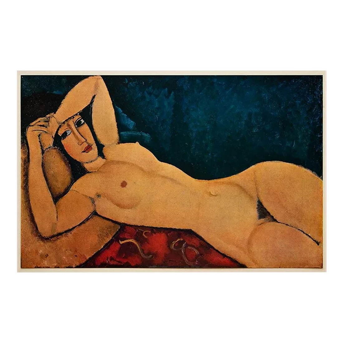 1940s After Amedeo Modigliani "Reclining Nude With Raised Arms", First Edition Swiss Lithograph: A rare excellent vintage First Edition offset lithograph, full-color print, of painting "Reclining Nude With Raised Arms" by Amedeo Modigliani. Comes from a rare First Limited Edition art folio