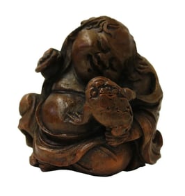 Chinese Carved Bamboo Child & Foo Dog Figure