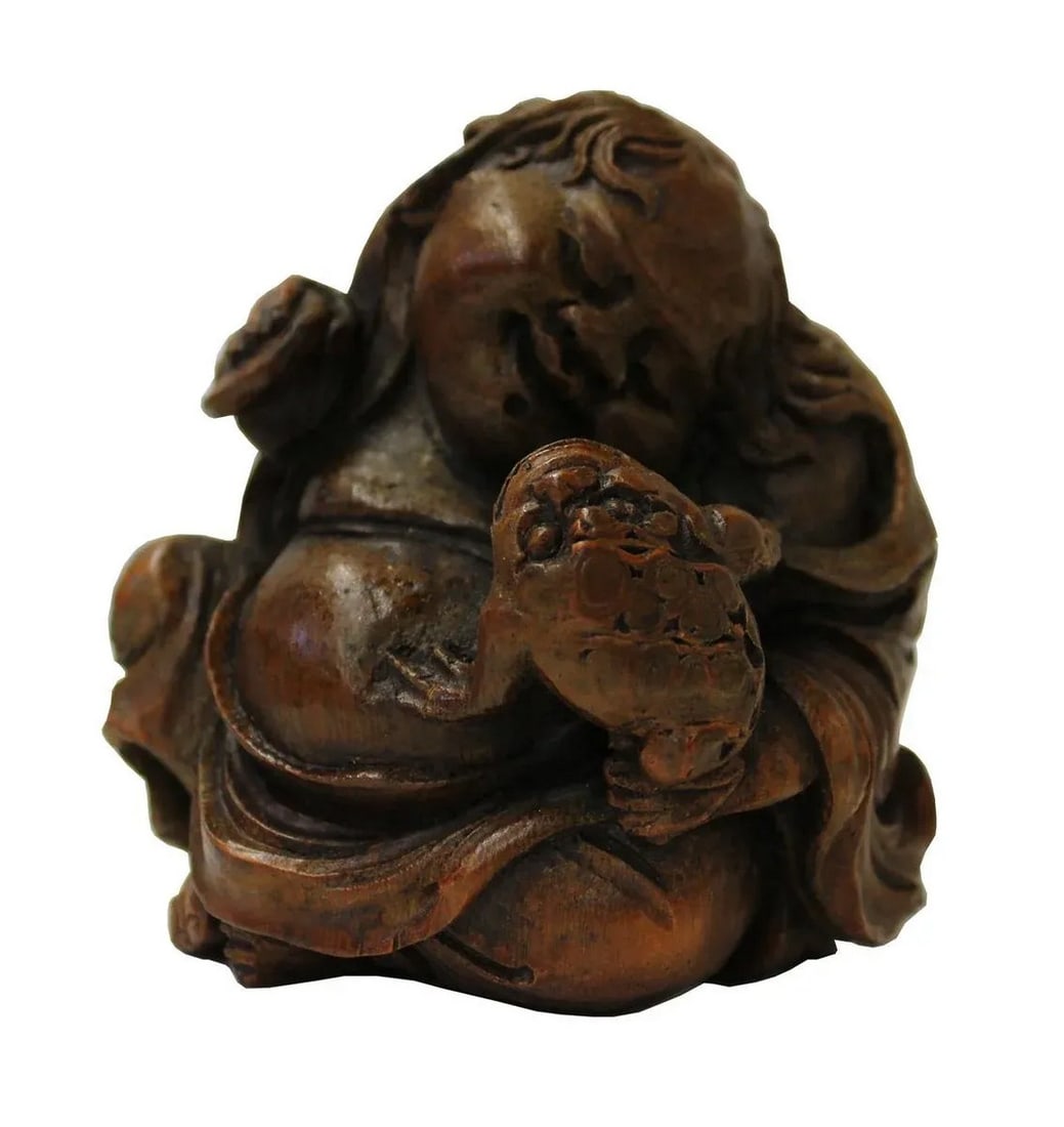 Chinese Carved Bamboo Child & Foo Dog Figure: This is a collectible and decorative oriental figural group of a kid and foo dog hand carved from a natural bamboo plant. Condition: Condition Notes: Good - Moderate wear and tear, but still has