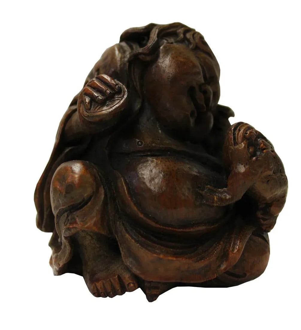 Chinese Carved Bamboo Child & Foo Dog Figure - 4
