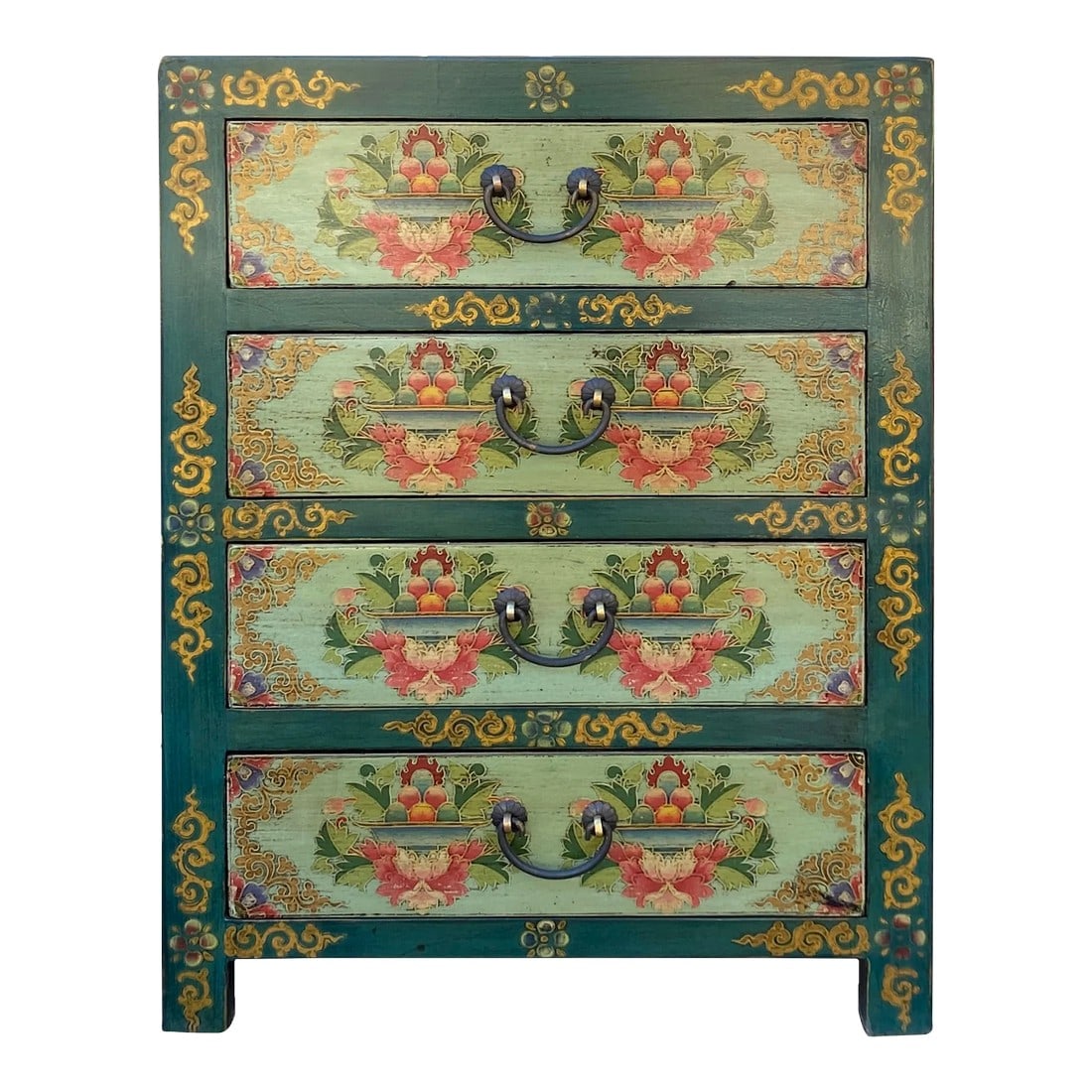 Distressed Teal Green Blue Flowers Graphic 4 Drawers End Table Nightstand: This is a handmade Chinese accent decorative end table nightstand with distressed teal green #213f39 mix base color. The light green color drawers are painted with flower graphics. Dimensions:
