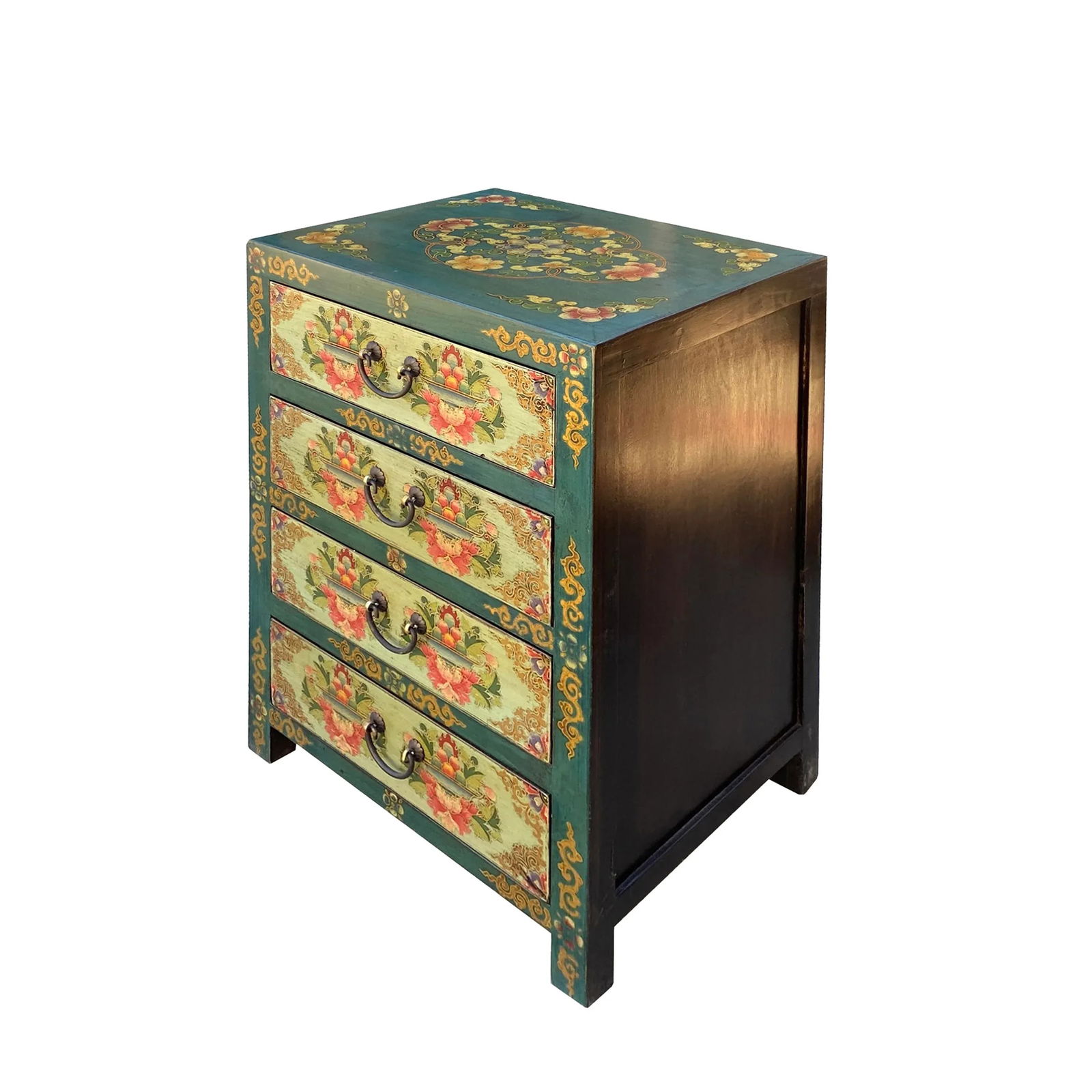 Distressed Teal Green Blue Flowers Graphic 4 Drawers End Table Nightstand - 3