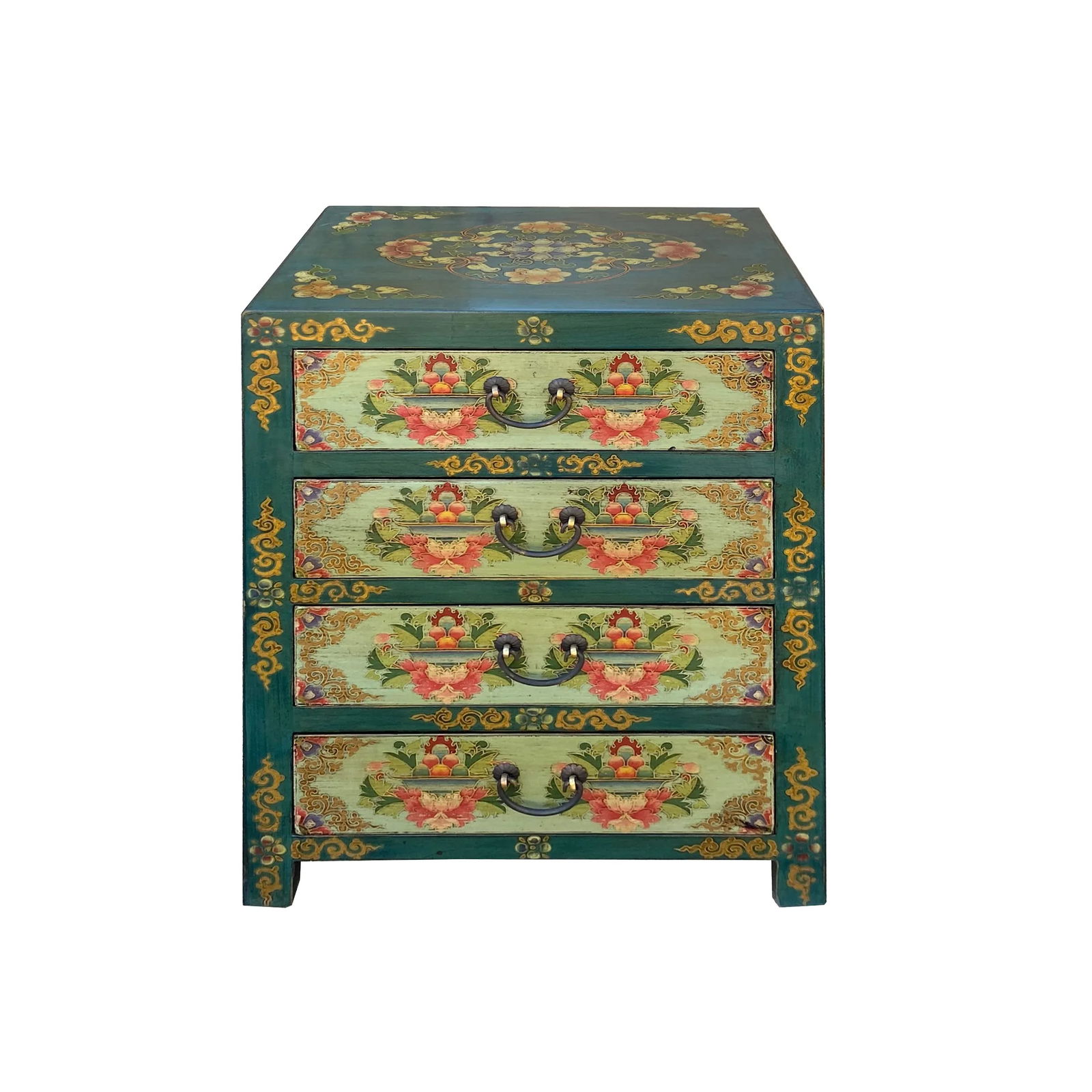 Distressed Teal Green Blue Flowers Graphic 4 Drawers End Table Nightstand - 5