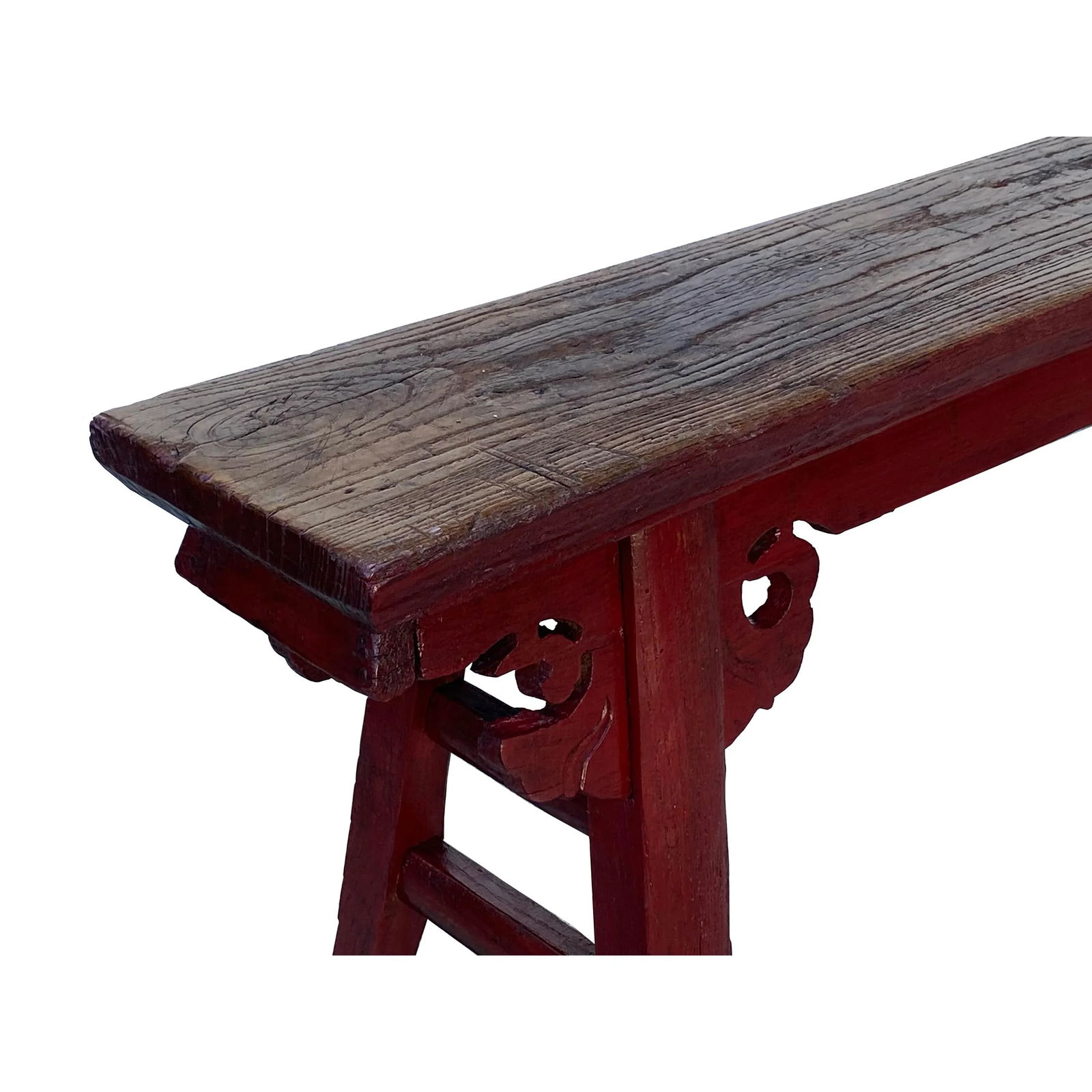 Vintage Brick Red Rural Village Rustic Slim Wood Seating Bench - 7