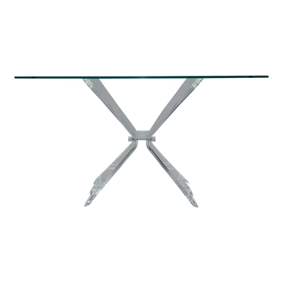 Vintage Mid-Century Modern Lucite Butterfly Console Table: Vintage mid-century modern Lucite butterfly lion in frost style Consol table. Item includes sculptural Lucite butterfly base with engraved symmetrical styling lines and glass top. 29.5 h 26 w 14 d Gla