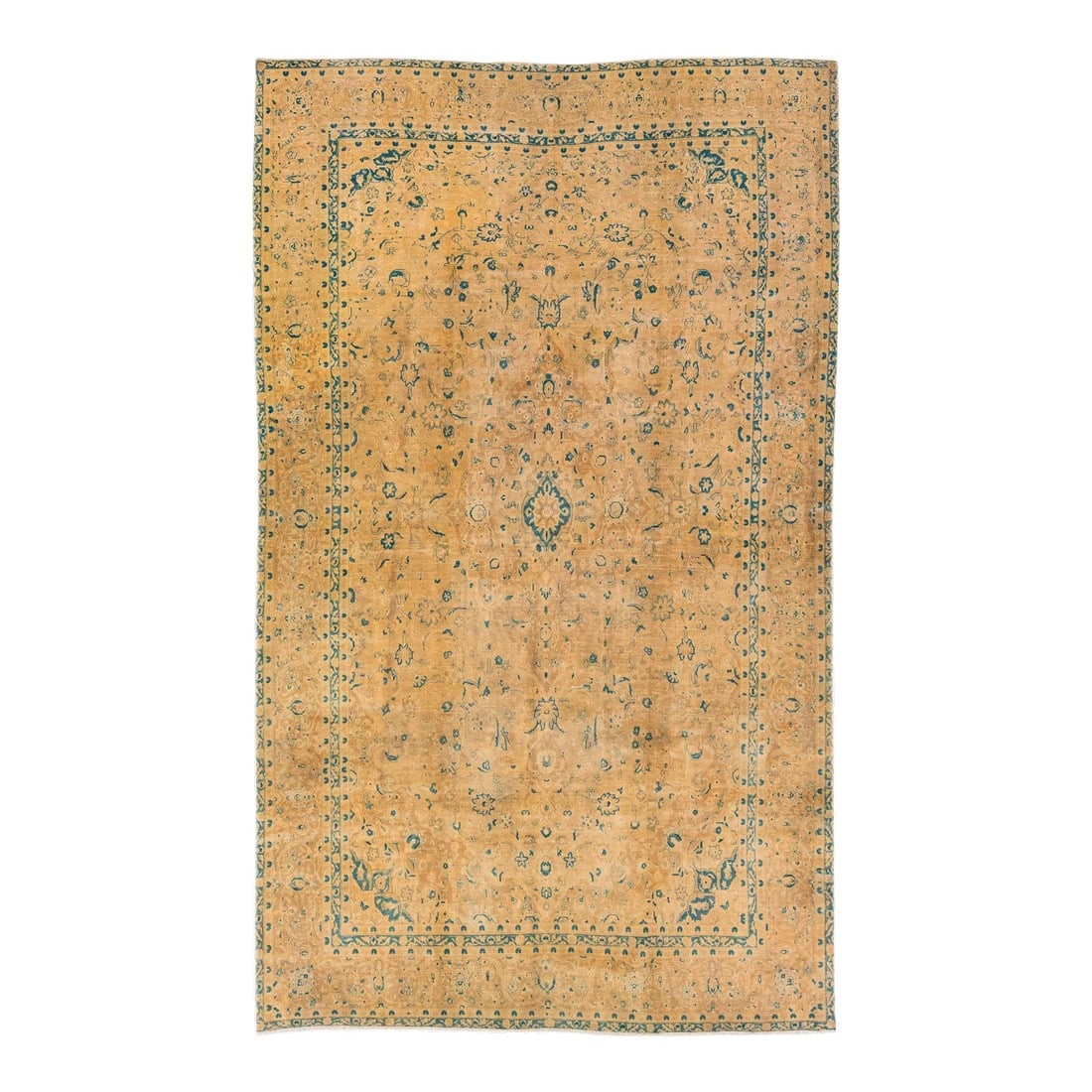 1950s Vintage Tabriz Tan Handmade Allover Motif Persian Wool Rug: Beautiful antique Tabriz hand-knotted wool rug with a tan field. This Persian piece has blue accents in a gorgeous all-over Shab Abbasi design. This rug measures 9' x 15' 5". Condition: