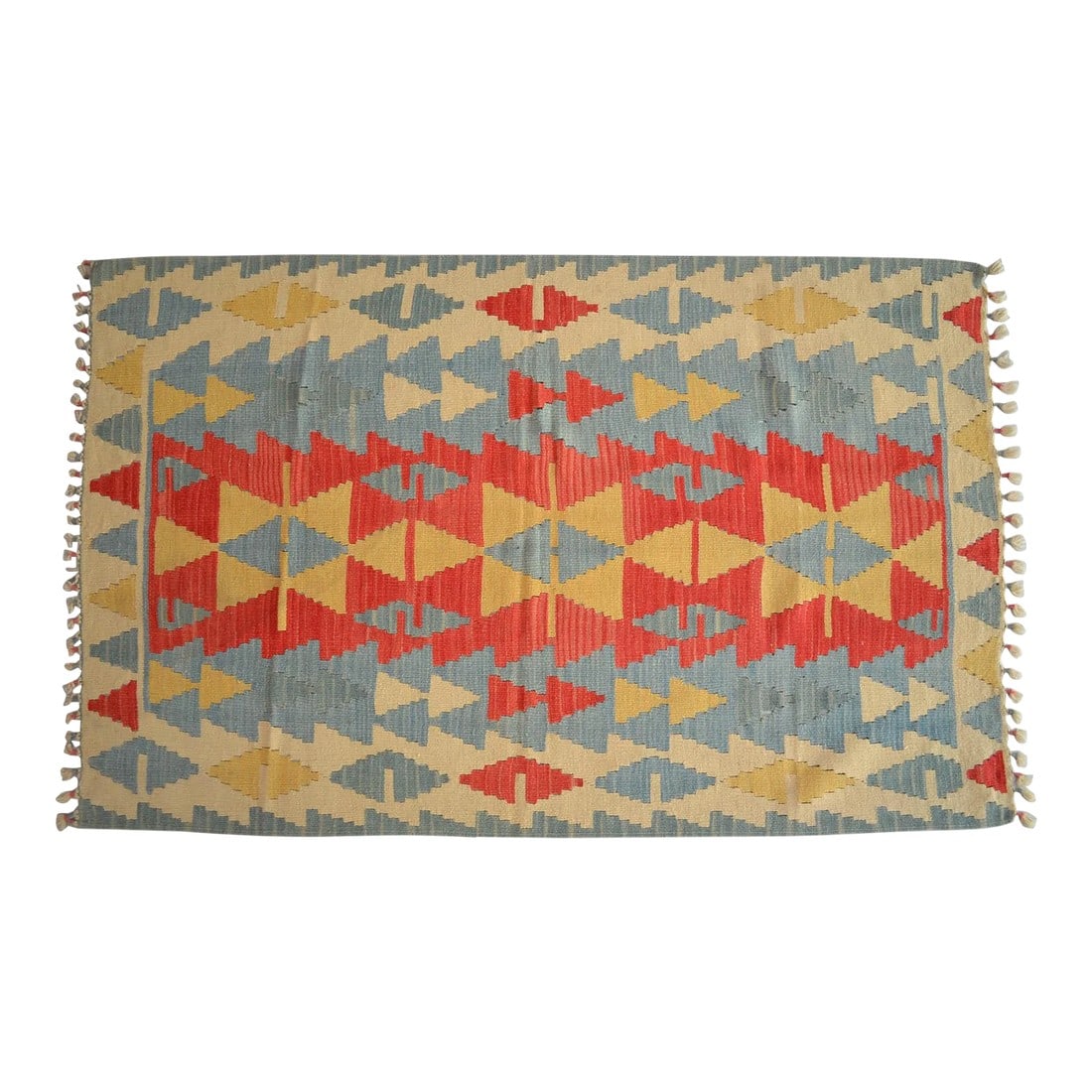 1980s Handmade Rug Colorful Kilim Small Rug: Dimensions: 40" x 65" or 3'5" x 5'5" Excluding fringe Material: wool on wool Condition: 3x5 ft Rug Turkish OUSHAK RUG is in very good condition. Vintage flat weave kilim rug is washed and