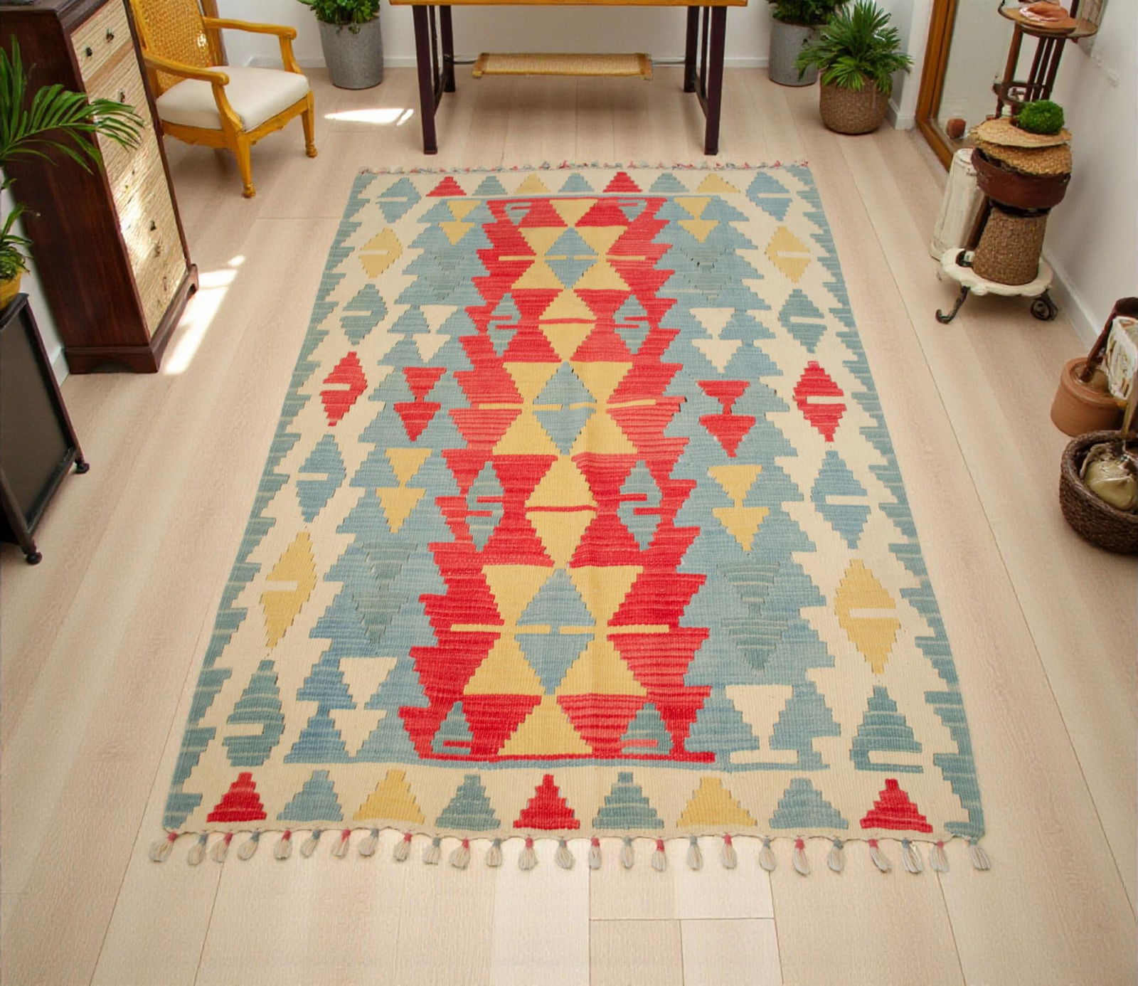 1980s Handmade Rug Colorful Kilim Small Rug - 3