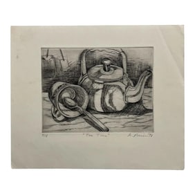 1998 Alina D. Pocian Woodblock Etching Artwork Titled Tea Time 7/18