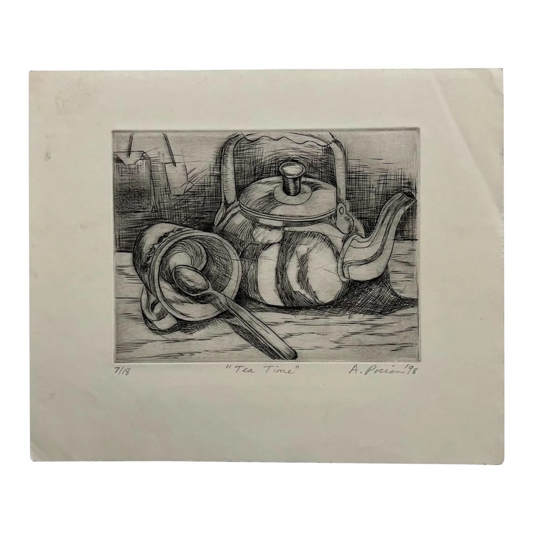 1998 Alina D. Pocian Woodblock Etching Artwork Titled Tea Time 7/18: AMBIANIC presents 1998 Alina D. Pocian Artwork Tea Time 7/18 Woodblock, etching print. Signed in pencil lower corner. 12 x 10 h, art 8 x 6 Preowned original vintage condition See images please 