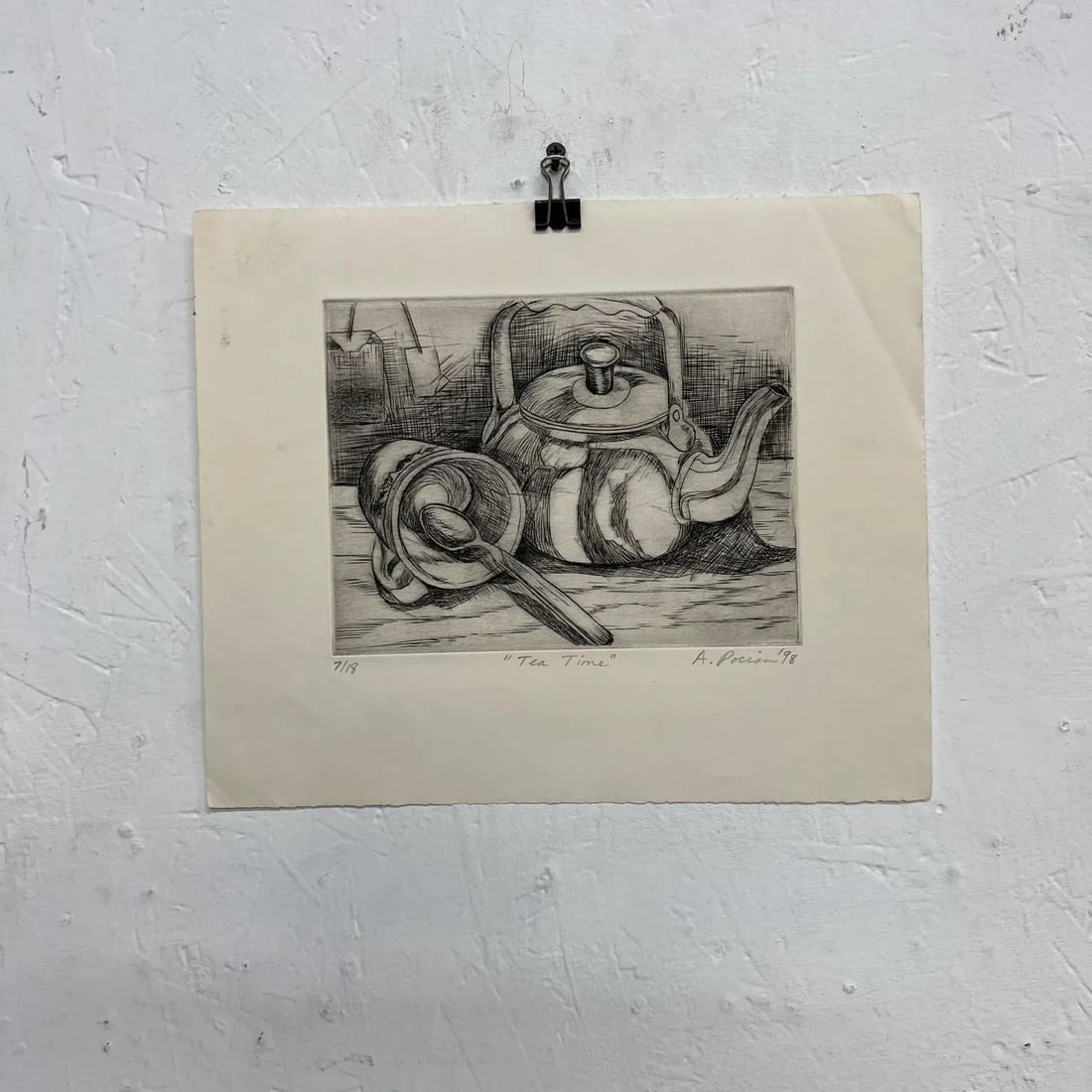 1998 Alina D. Pocian Woodblock Etching Artwork Titled Tea Time 7/18 - 9