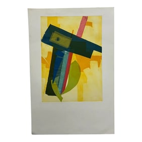 1990s Vintage Vibrant Yellow Cubist Print Artwork