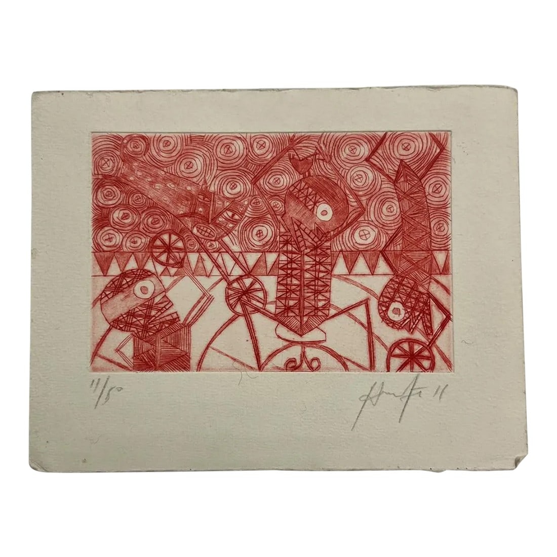 Mexican Modern Art Woodblock Print 11/50 Red Drawing Oaxaca Mexico: AMBIANIC presents Mexican Modern original Art Oaxaca Artist 11/50 Red Drawing 5 Signed Numbered Woodblock Print 7.75 x 6 x Art 5.85 x 3.75 Preowned vintage art unrestored condition See all images