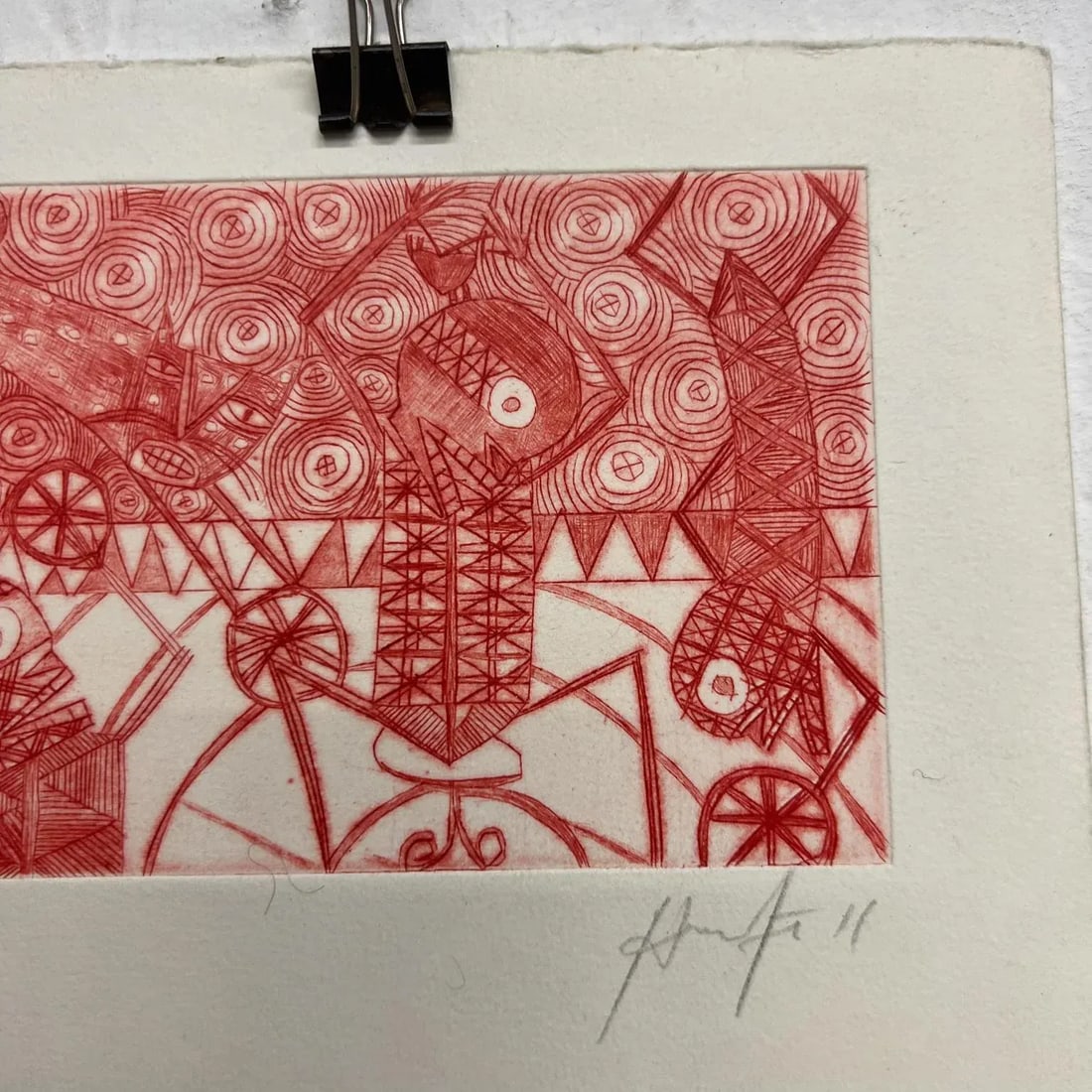 Mexican Modern Art Woodblock Print 11/50 Red Drawing Oaxaca Mexico - 5