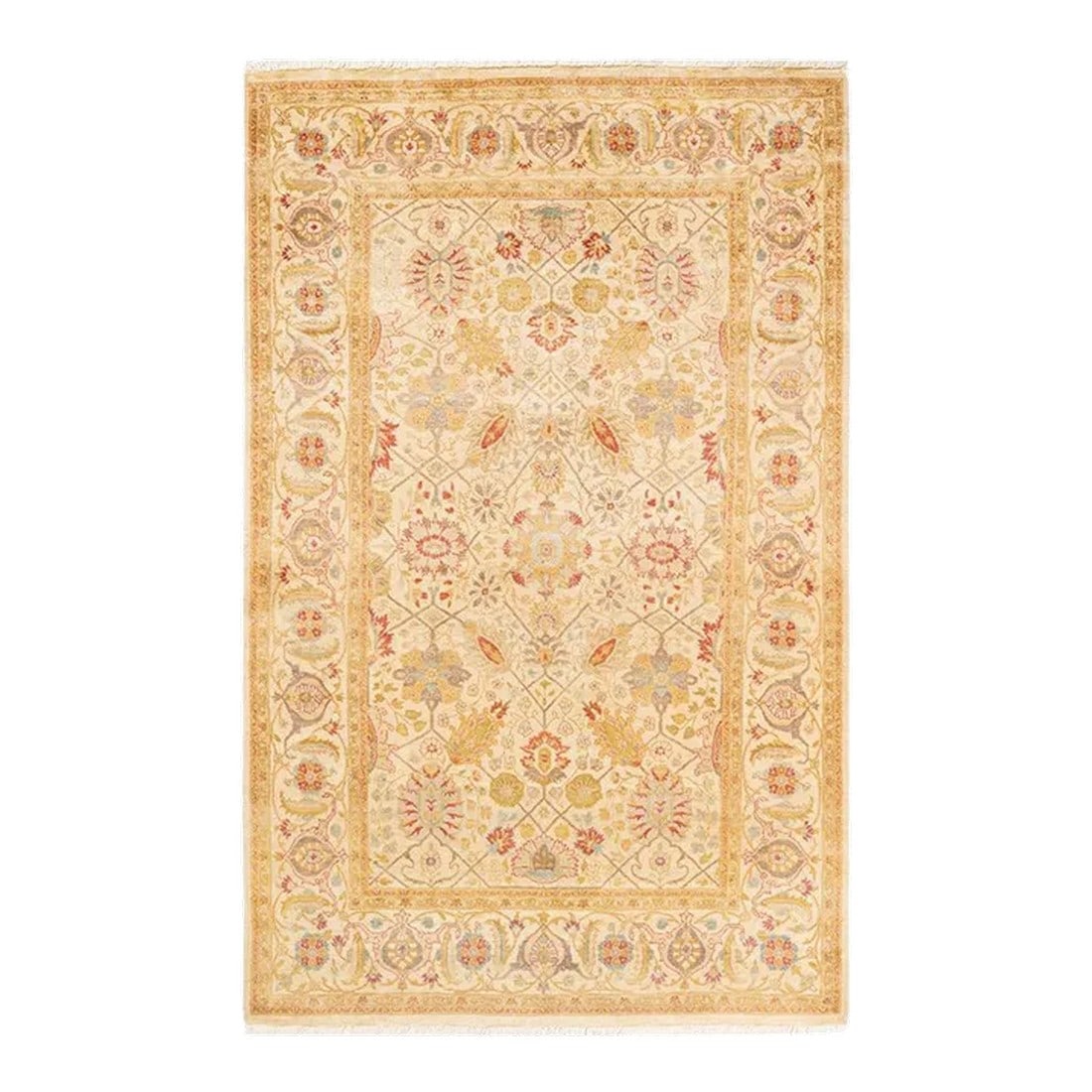 Mogul, One-of-a-Kind Hand-Knotted Area Rug in Ivory, 4' 1" x 6' 5": With understated palettes and allover designs, the rugs in the Mogul Collection will bring timeless sophistication to any room. Influenced by a spectrum of Turkish, Indian, and Persian designs, the