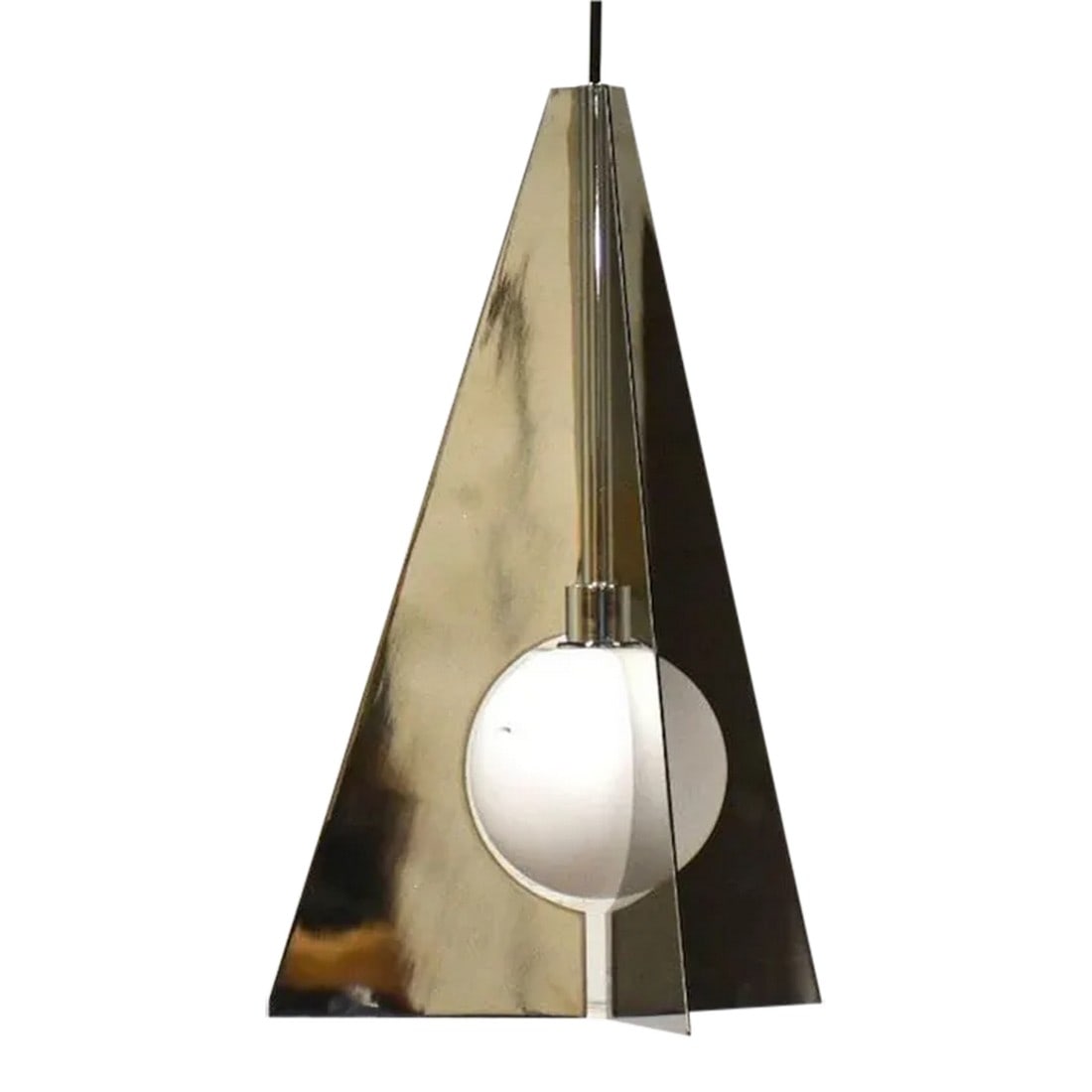 Orbel Pyramid Pendant Light: A chrome pyramid pendant with a frosted glass shade and adjustable wire for hanging. Designed by Sean Lavin for Tech Lighting 11.6" wide 11.6" deep. 18" tall. Condition: Alterations: Original