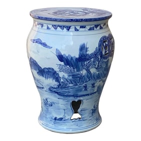 Chinese Blue & White Porcelain Mountain Tree Small Round Stool Table