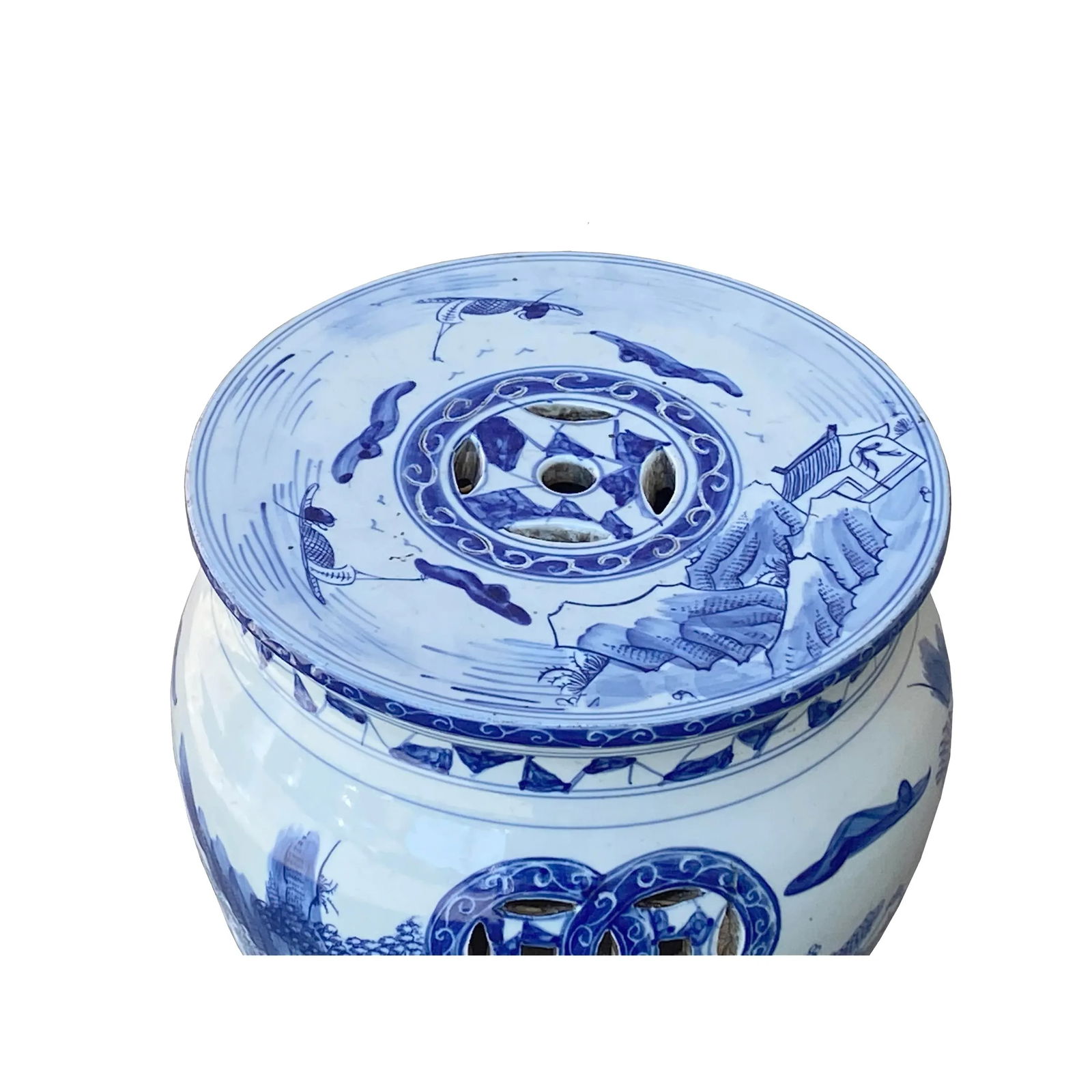 Chinese Blue & White Porcelain Mountain Tree Small Round Stool Table - 4