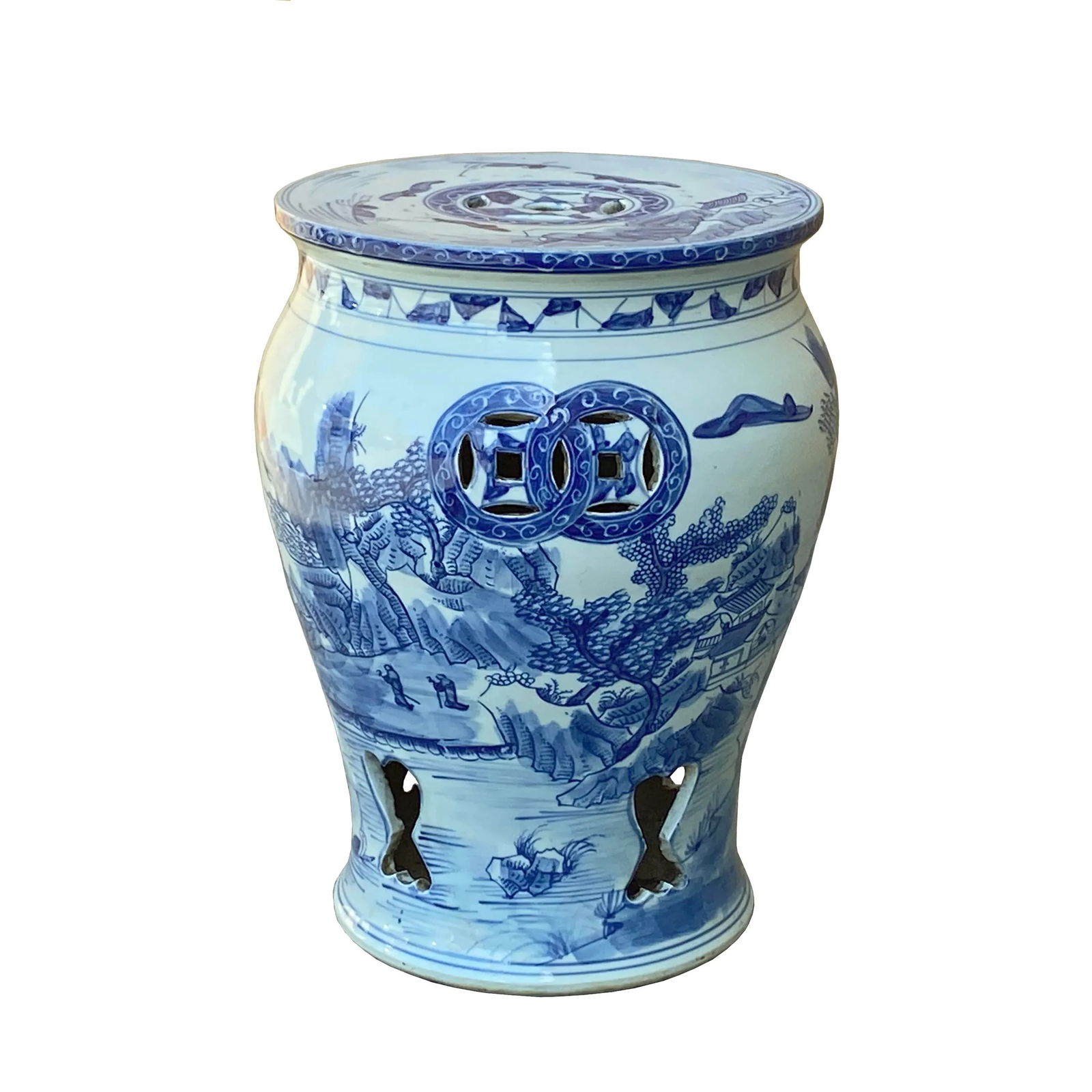 Chinese Blue & White Porcelain Mountain Tree Small Round Stool Table - 5