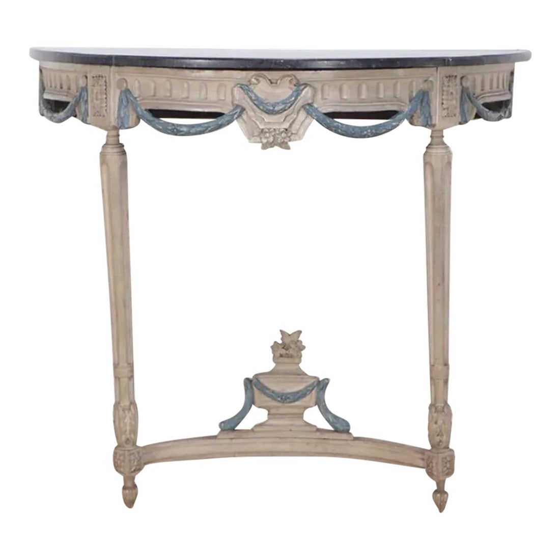 A Marble Top Half Round French Louis XVI Demilune Painted Console Table Circa 1900. Blue Highlights: Everything that makes French furniture so perfect is represented in this console table. Very ornate, yet very simple with its blue highlights I am going to have a difficult time giving this one up Con