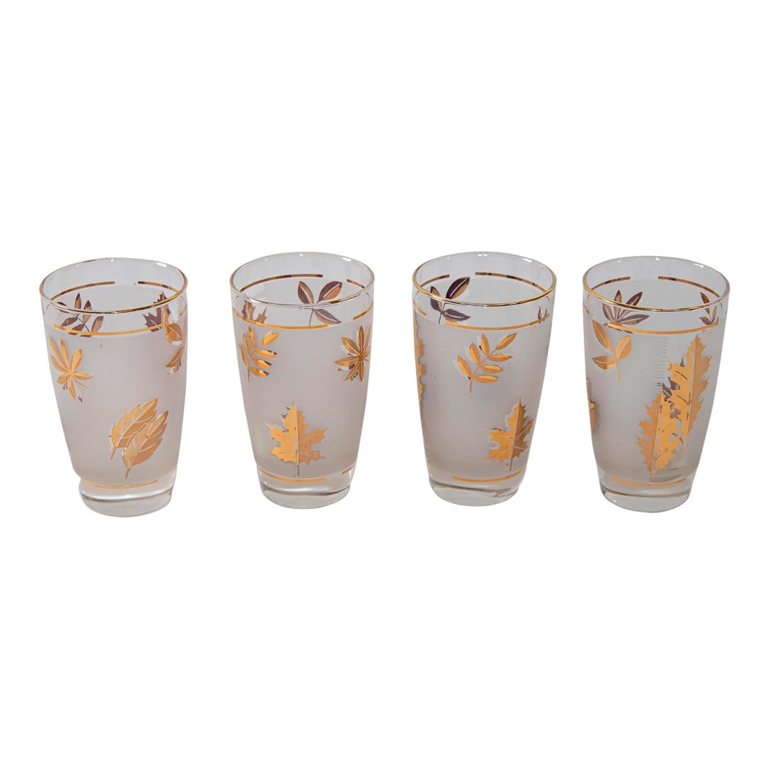 Vintage Libbey Frosted & Golden Foliage Cocktail Glasses, Set of 4: Vintage Mid Century Modern Libbey Frosted & Golden Foliage Cocktail Glasses, Set of 4. Elegant vintage Libbey Golden Foliage barware frosted glasses with leaves pattern in a gold finish. Set includes