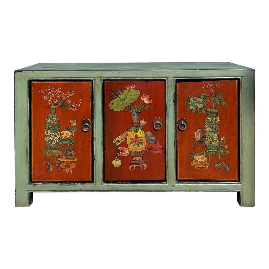 Chinese Vintage Gray Orange Flower Graphic Low Tv Console Cabinet: This is a wooden low cabinet with restored floral vases graphic on the orange color doors. The rest of the cabinet is restored with gray rustic color. It is good as a TV console or as a low bench. 