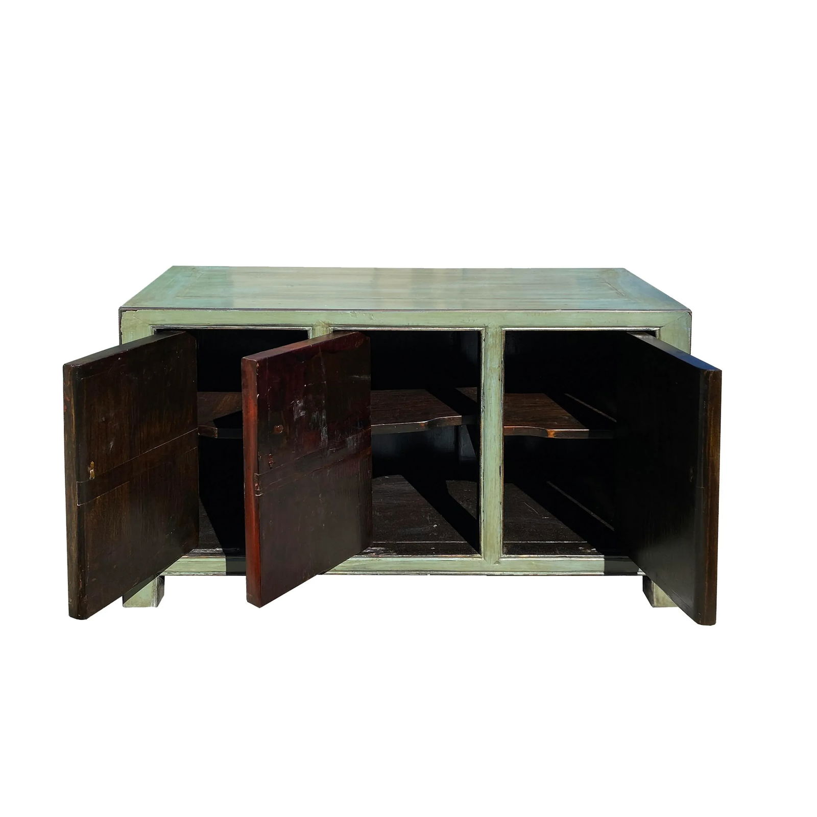 Chinese Vintage Gray Orange Flower Graphic Low Tv Console Cabinet - 2