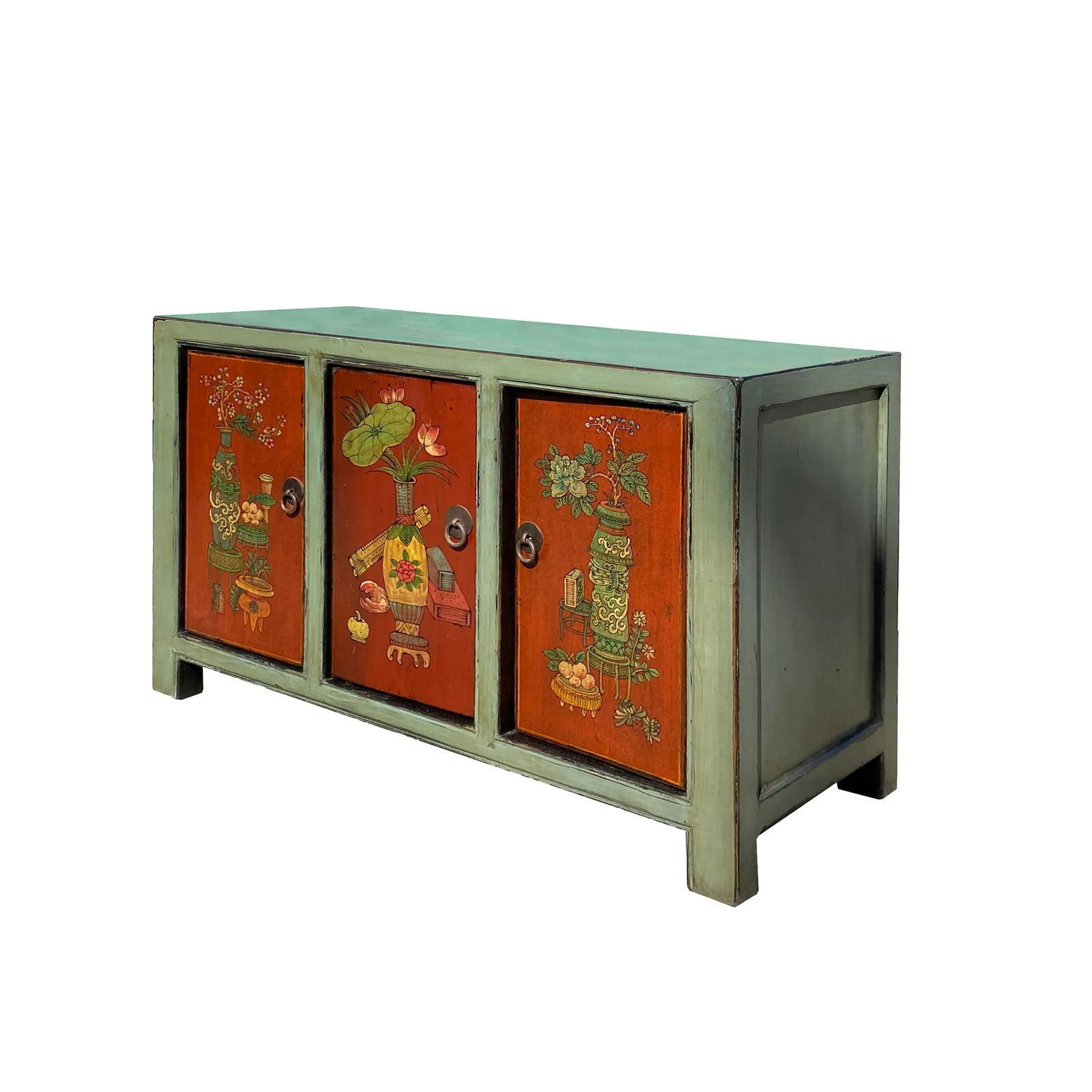 Chinese Vintage Gray Orange Flower Graphic Low Tv Console Cabinet - 4