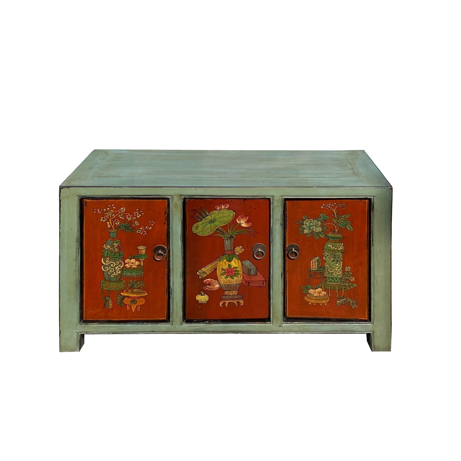 Chinese Vintage Gray Orange Flower Graphic Low Tv Console Cabinet - 5