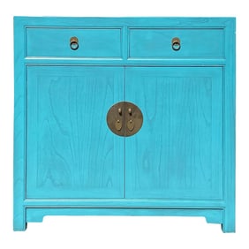 Chinese Simple Narrow Pastel Blue 2 Drawers Side Cabinet