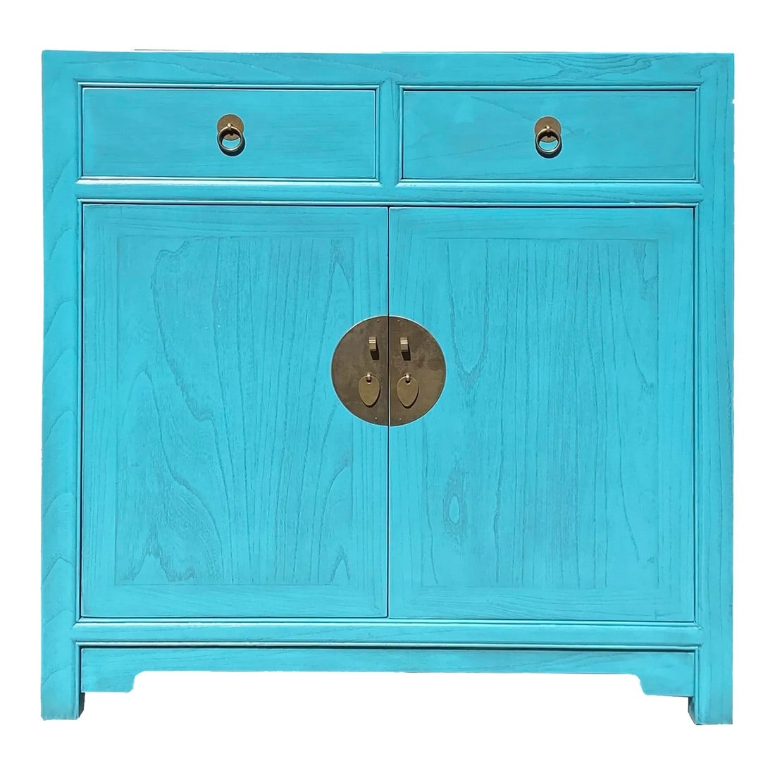 Chinese Simple Narrow Pastel Blue 2 Drawers Side Cabinet: This is a modern oriental flair side table cabinet with pastel blue lacquer color showing wood grain pattern. Metal hardware on the drawers and doors enriches the accent. Dimensions: w35.5" x