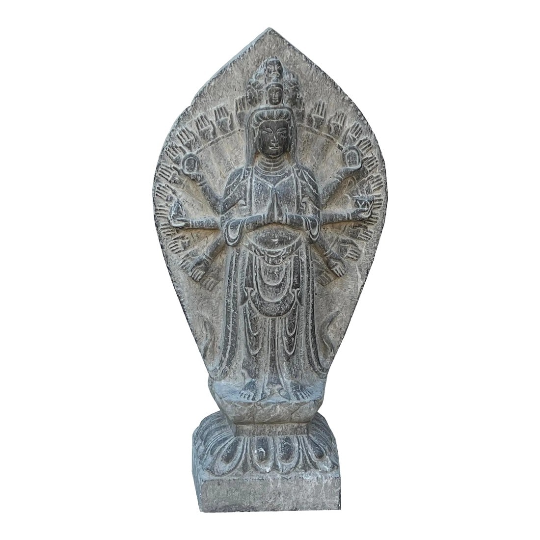 Chinese Stone Standing Multi-Hands Kwan Yin Tara Bodhisattva Statue: This is a Chinese decorative stone figure of a standing multi-hand Kwan Yin, Tara, Bodhisattva with a grayish black stone pattern color finish. It is in Chinese Tong style outlook with fairy