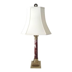 1980s Griotte Red Marble and Brass Corinthian Table Lamp With Lampshade